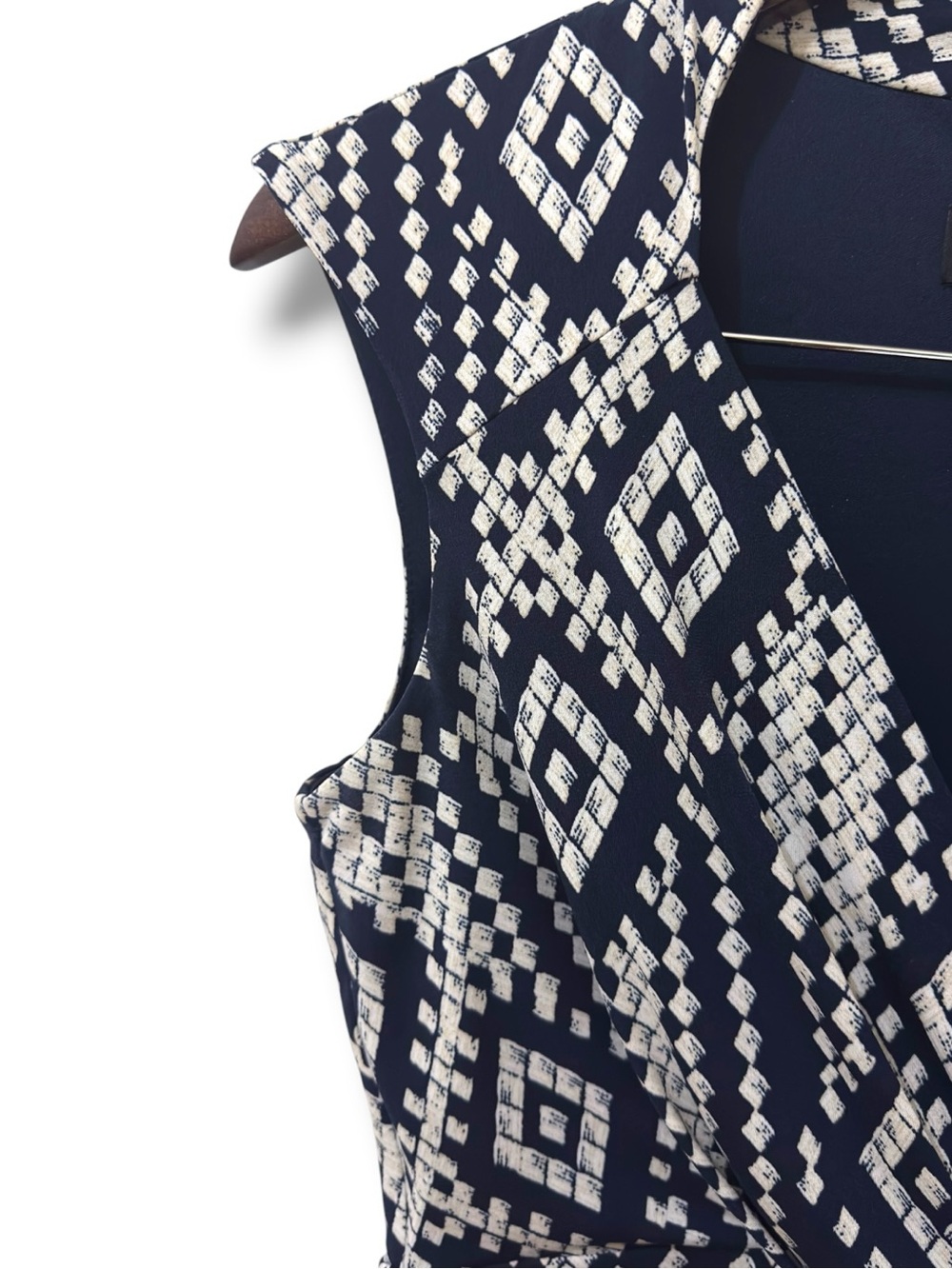 Enfocus Studio |NWOT Navy Ivory Geometric V-Neck Printed Fit Flare Dress (6) - Picture 6 of 11